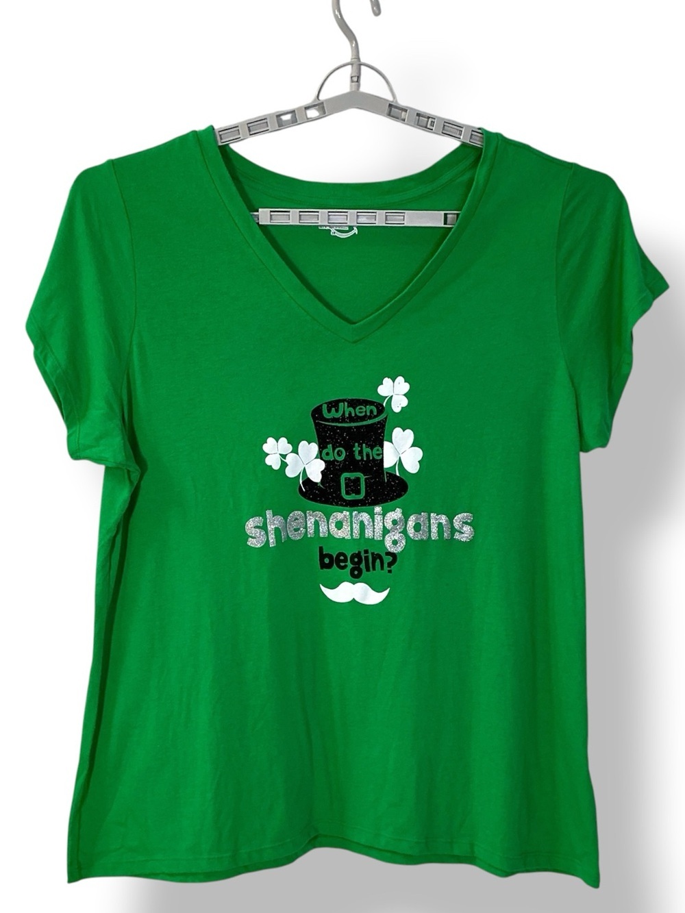 St Pattys Day V neck Tee Shirt Shenanigans  Glittering leprechaun hat graphic 3X